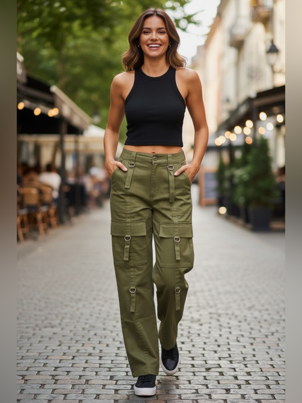 WOMEN'S BUTTON CLOSURE CARGO POCKETS WIDE LEG DENIM PANTS - Picture 8 of 8